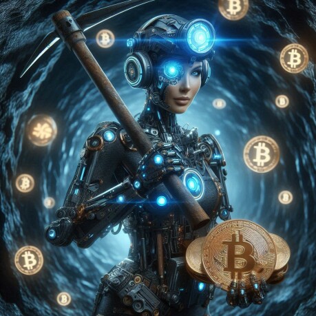 A woman in a sleek futuristic suit confidently holds a bitcoin, symbolizing the rise of immediate crypto mining.